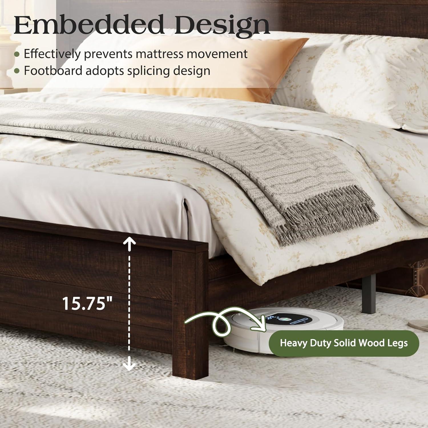 51.2" Solid Wood Bed Frame, Rustic Platform Bed With Spliced Headboard