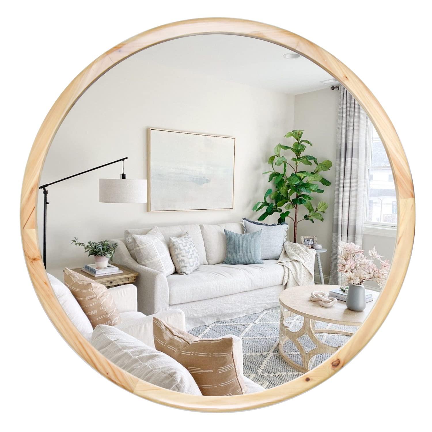 Circle Wooden Wall Mirror,18 inch Round Natural Wood Mirror Large Rustic Farmhouse Decor Mirror for The Living Room,Bathroom,Bedroom