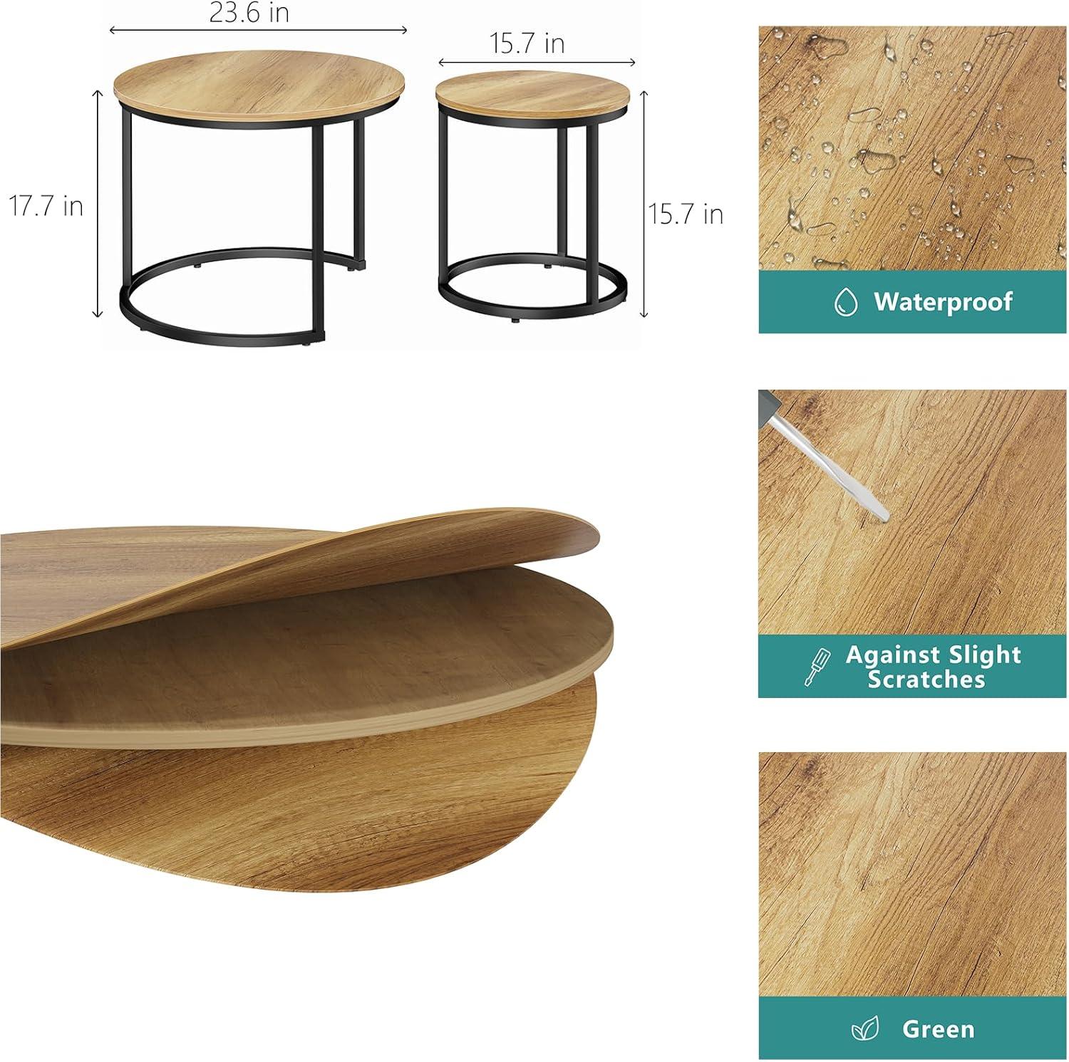 Nesting Coffee Table Set of 2, 23.6" Round Coffee Table Wood Grain Top with Adjustable Non-Slip Feet, Industrial End Table Side Tables for Living Room Bedroom Balcony Yard