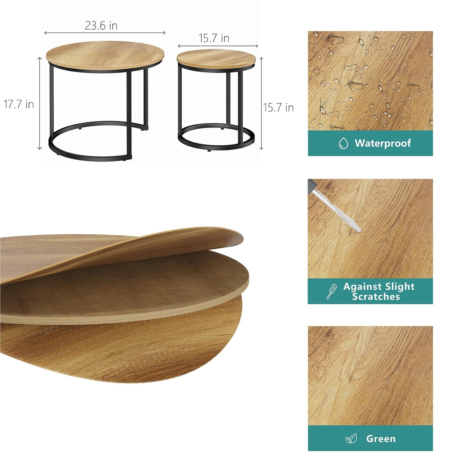 Nesting Coffee Table Set of 2, 23.6" Round Coffee Table Wood Grain Top with Adjustable Non-Slip Feet, Industrial End Table Side Tables for Living Room Bedroom Balcony Yard