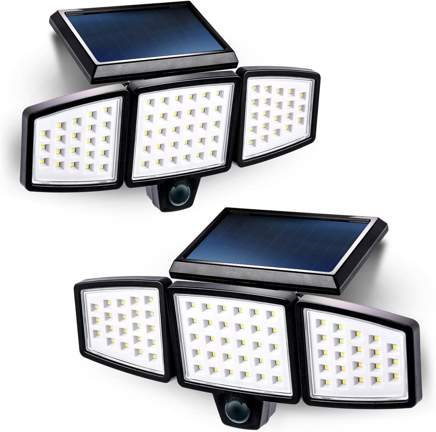 Home Zone Security Solar Triple Head Flood Lights - 3500K, 1000 Lumens, Adjustable Angle, 2-Pack