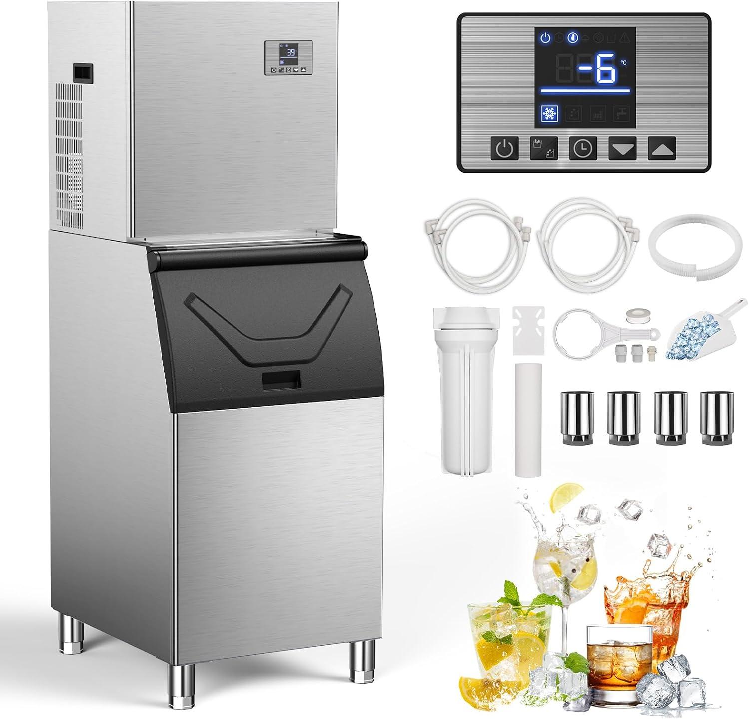 Commercial Ice Maker Machine, 550lb/24H Stainless Steel Ice Machine, 166lbs Ice Stora Capacity Freestanding Industrial Ice Maker