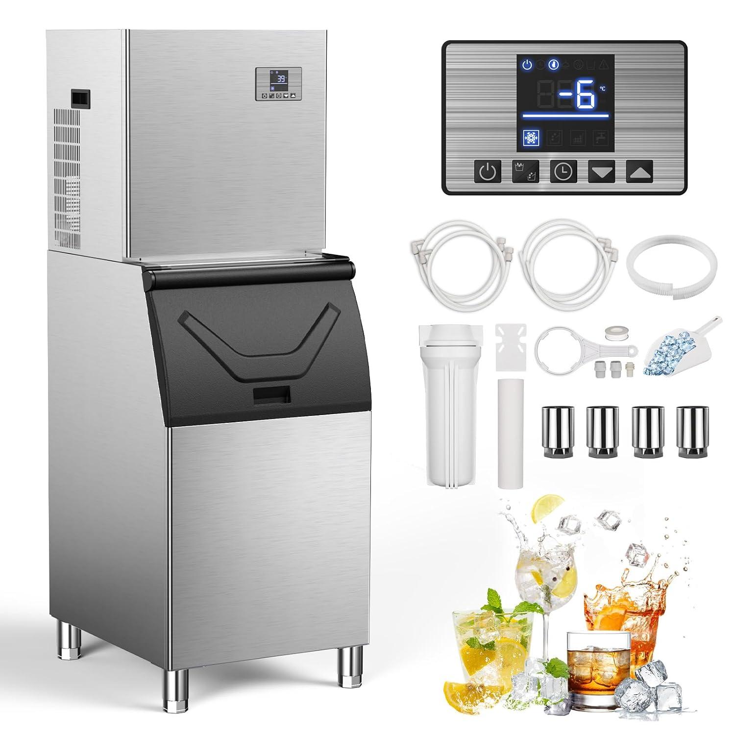 Commercial Ice Maker Machine, 550lb/24H Stainless Steel Ice Machine, 166lbs Ice Stora Capacity Freestanding Industrial Ice Maker