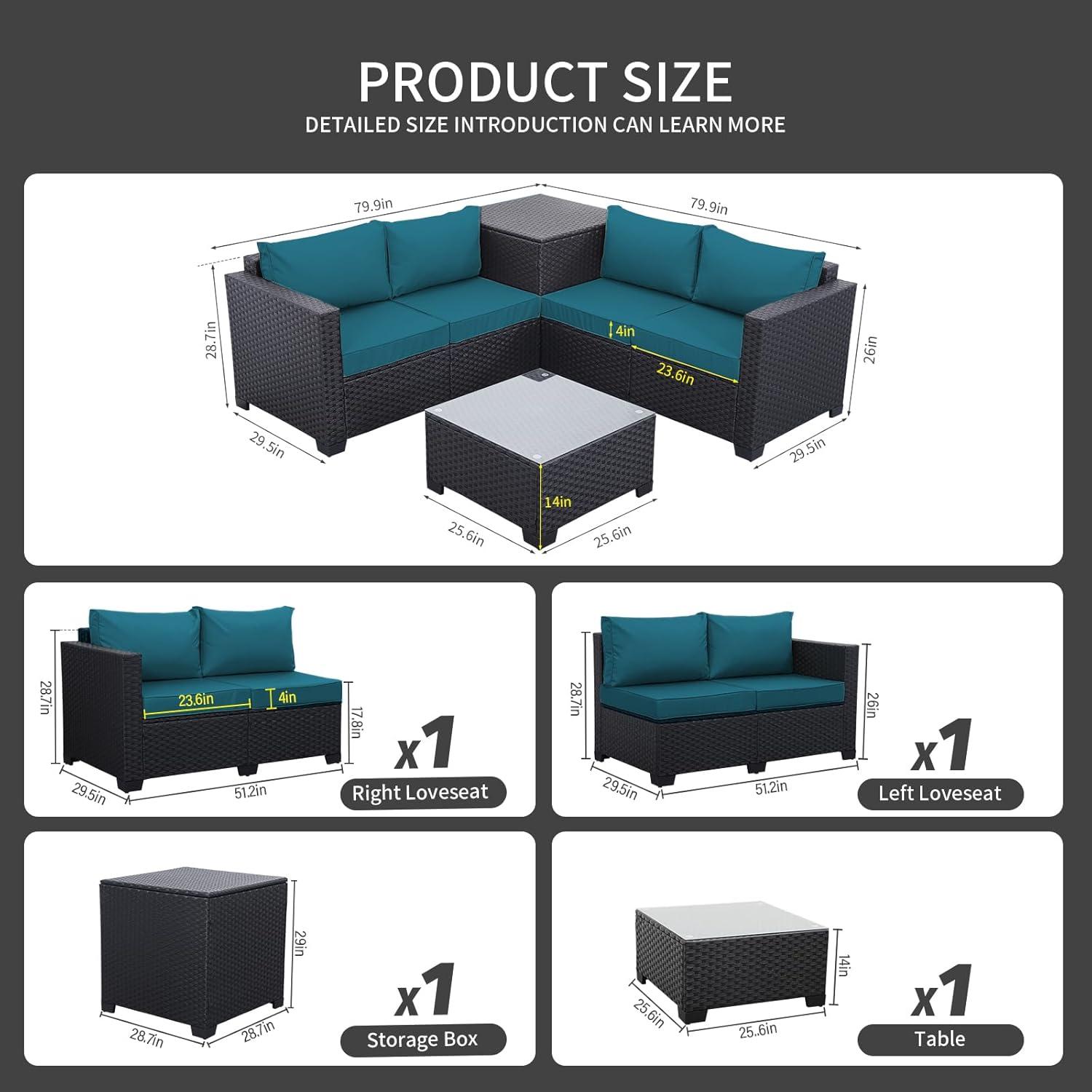 WAROOM Outdoor PE Wicker Patio Furniture Set 4 Piece Black Rattan Sectional Sofa Loveseat Couch Conversation Set with Storage Box Glass Top Table and Anti-Slip Peacock Blue Cushion
