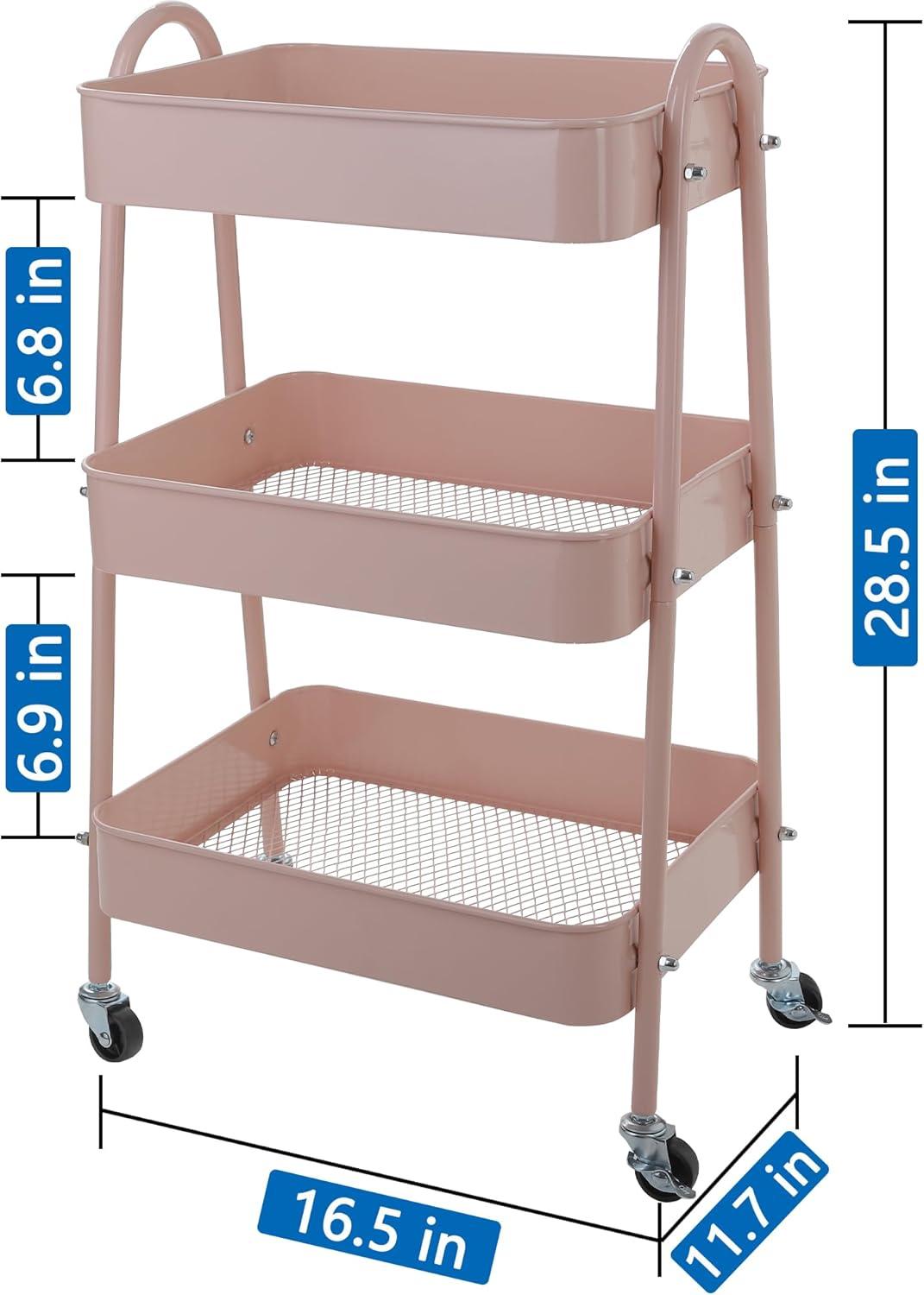 Pink 3-Tier Metal Rolling Utility Cart with Mesh Baskets