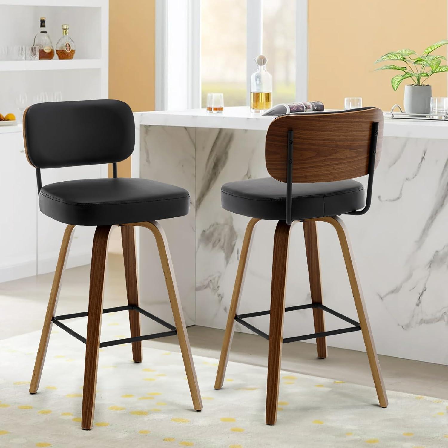 Black Faux Leather Swivel Bar Stools with Walnut Bentwood Legs, Set of 2