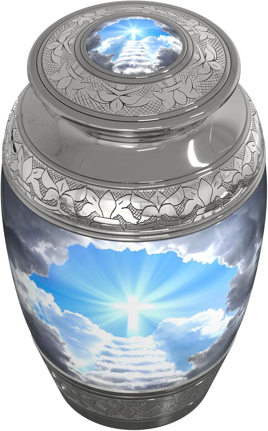 Stairway to Heaven Large Cremation Urn for Human Ashes with Handcrafted Funnel (Christian/Catholic/Cross/Adult/Male/Female)