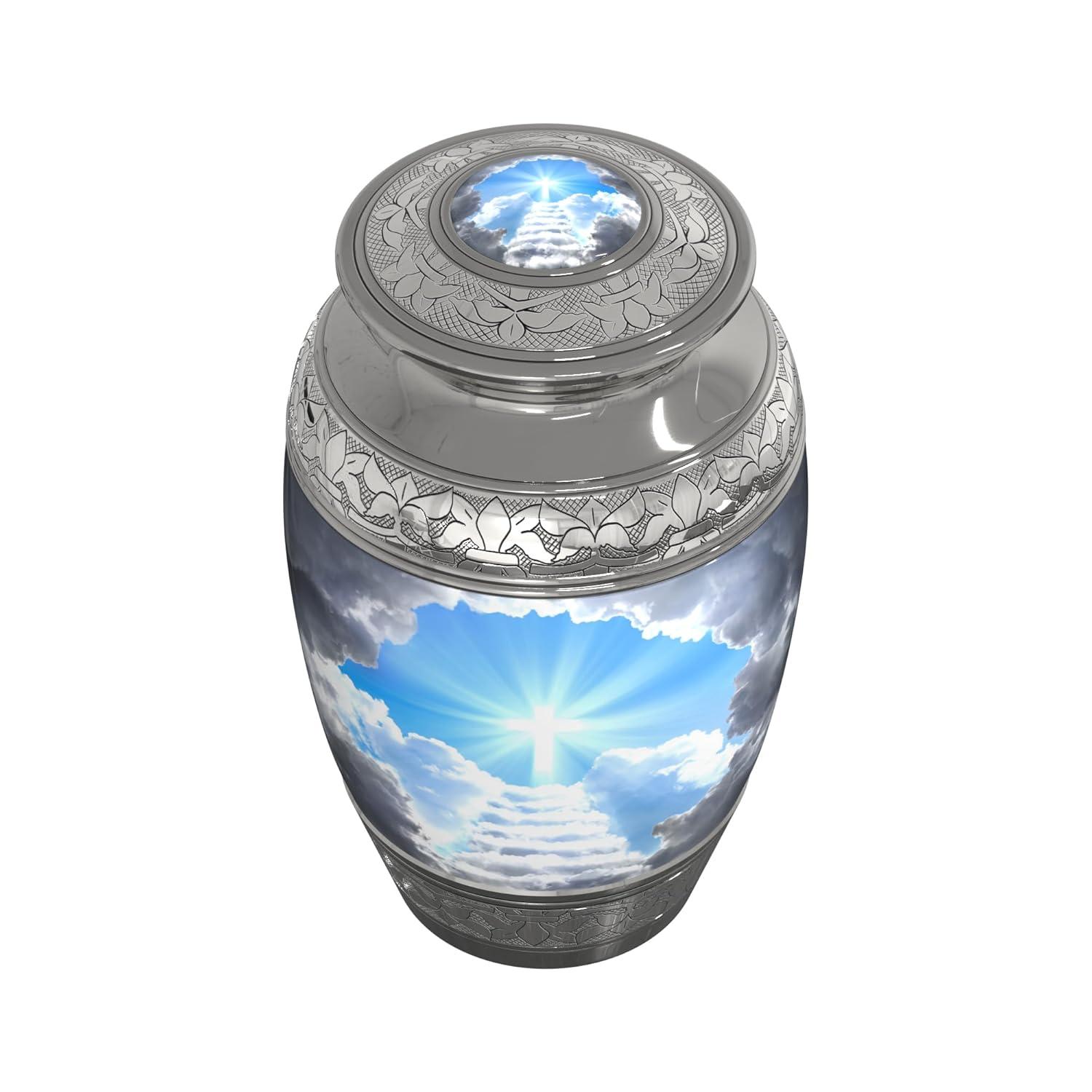 Stairway to Heaven Large Cremation Urn for Human Ashes with Handcrafted Funnel (Christian/Catholic/Cross/Adult/Male/Female)