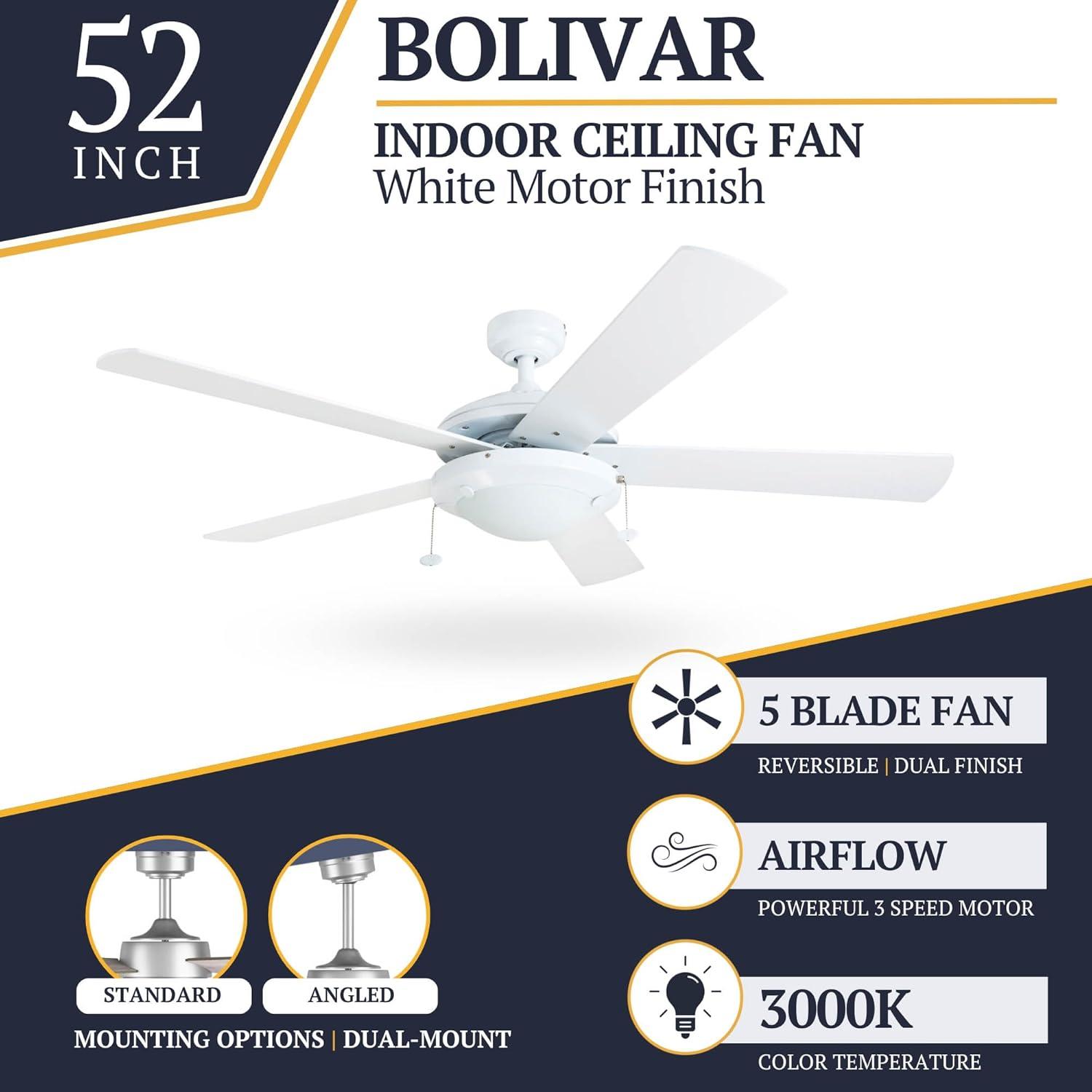 Prominence Home Bolivar 52" White Ceiling Fan with 5 Blades, Integrated LED Light Kit, Pull Chains & Reverse Airflow