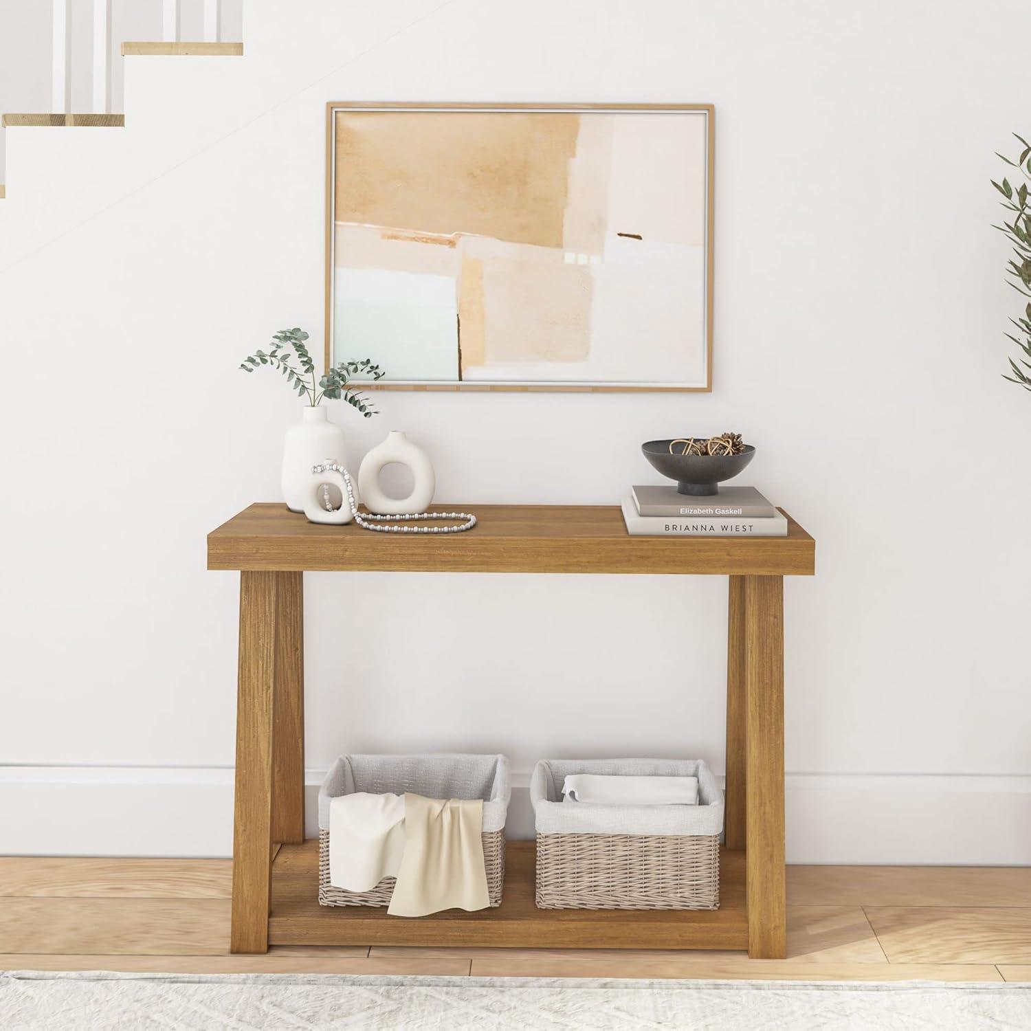 Plank+Beam 46" Solid Wood Console Table with Storage, Sofa Table with Shelf, Narrow Entryway Table for Hallway, Pecan