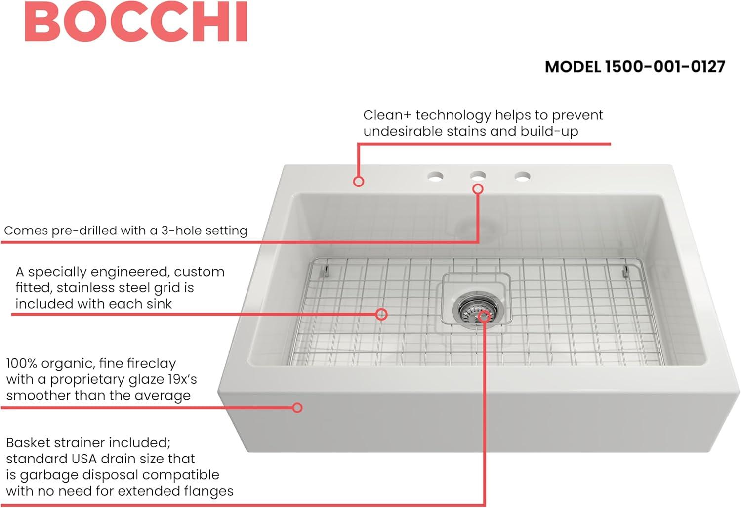 BOCCHI 1500-001-0127 Nuova Apron Drop-In Fireclay 34" Single Kitchen Sink White