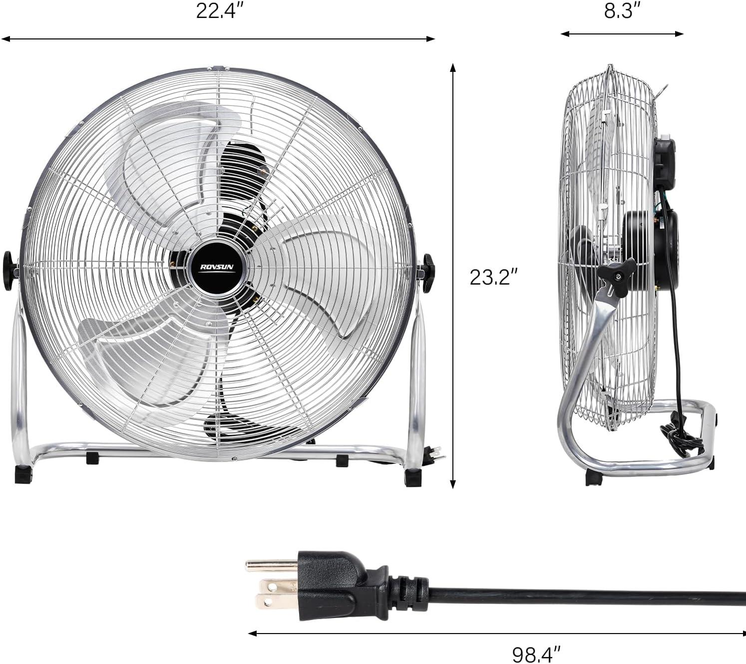 ROVSUN 20'' Floor Fans, High Velocity Heavy Duty Metal Industrial Floor Fan for Commercial & Residential, High Power Fan w/ 90°-180° Adjustable Tilt, Metal Fan for Garage, Gym, Home, Bedroom, Black
