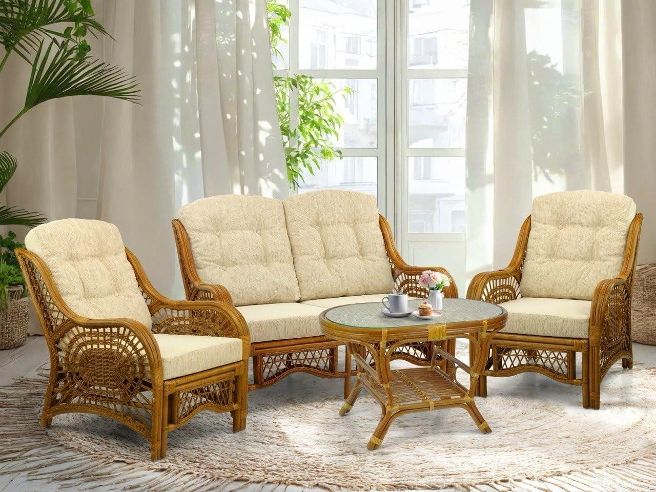 Bay Isle Home™ Malibu Lounge Set Of 4: 2 Natural Rattan Wicker Chairs, Loveseat And Coffee Table W/Glass Handmade, Colonial