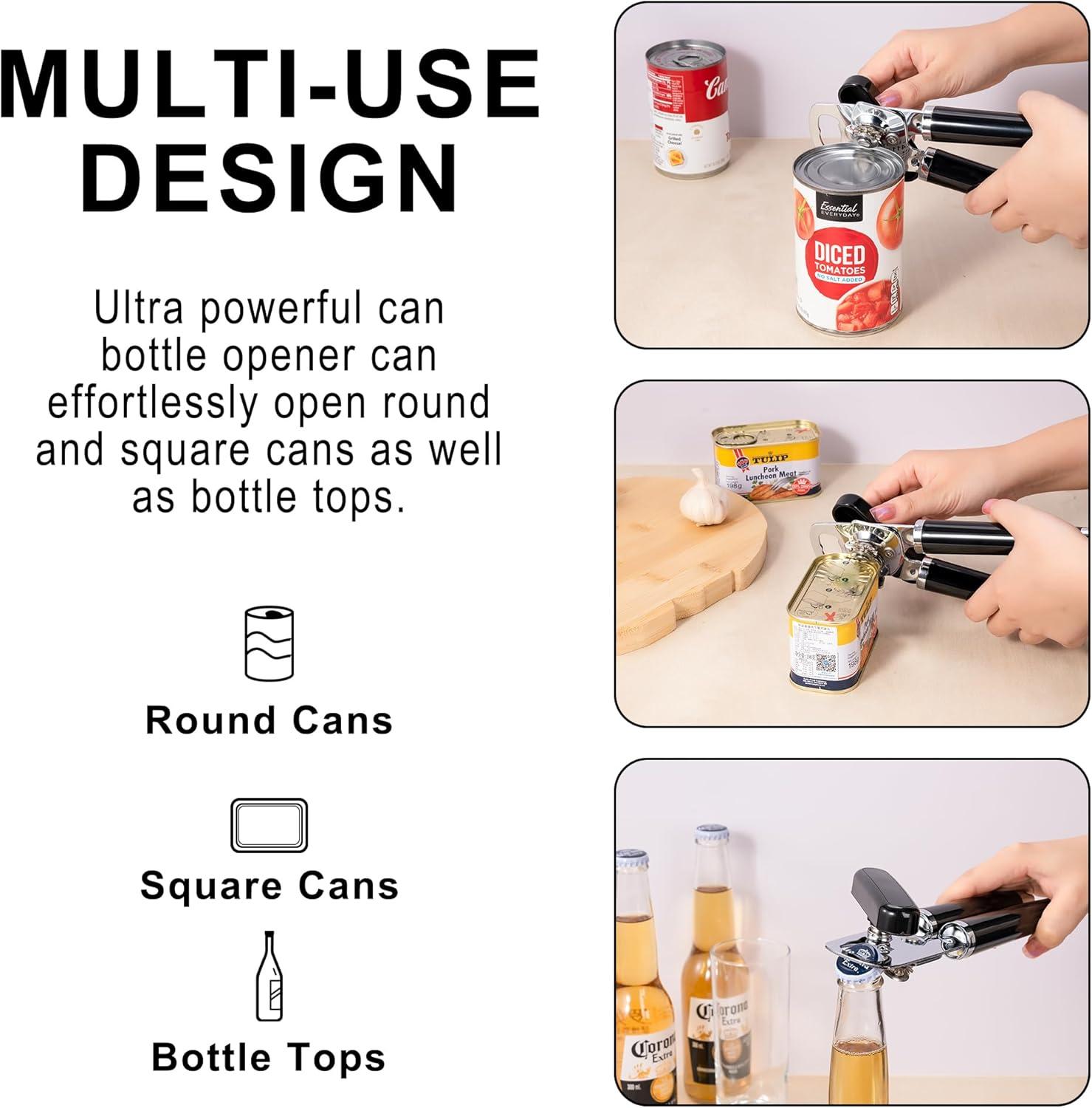 Urbanstrive XL Large Heavy Duty Can Opener Manual Smooth Edge, Hand Held Can Openers for Seniors, Stainless Steel, Comfortable Handle, Built-in Bottle Opener, 8.66 inch (Black)
