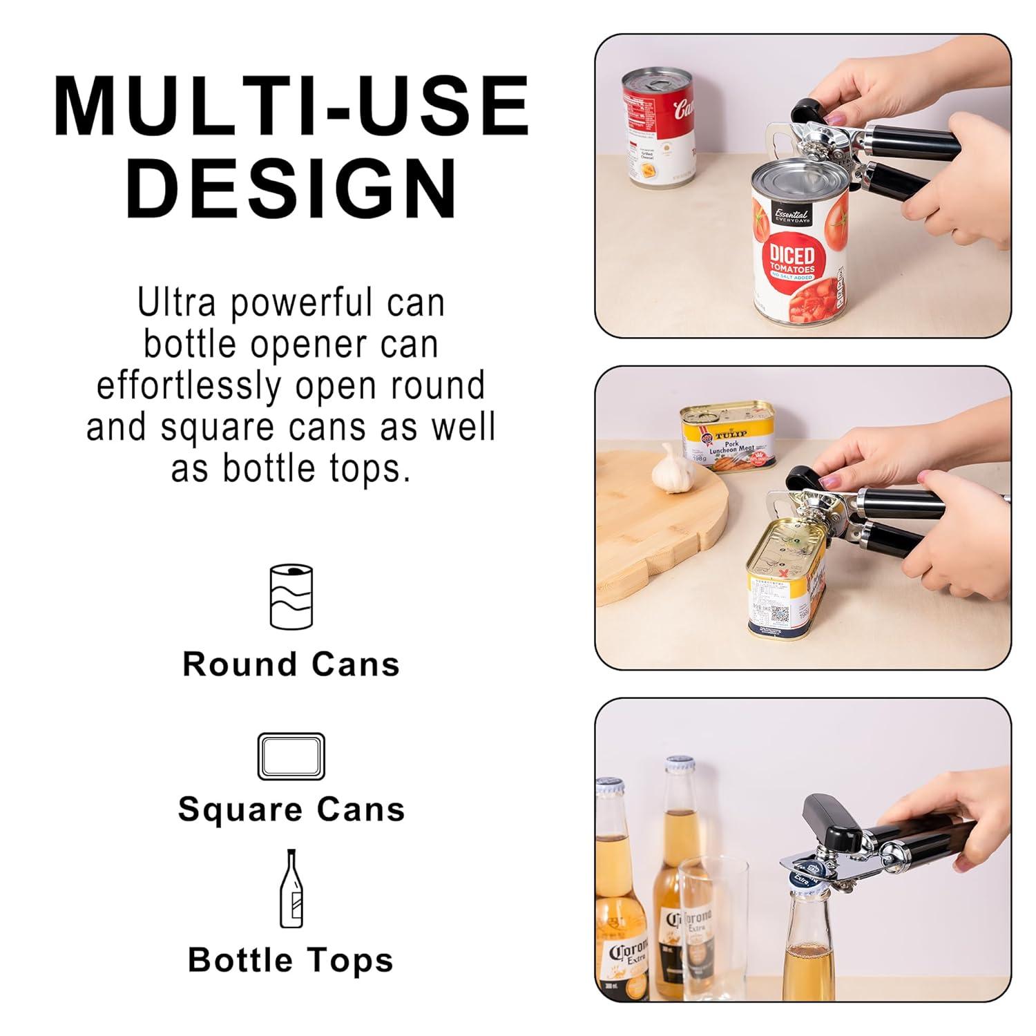 Urbanstrive XL Large Heavy Duty Can Opener Manual Smooth Edge, Hand Held Can Openers for Seniors, Stainless Steel, Comfortable Handle, Built-in Bottle Opener, 8.66 inch (Black)