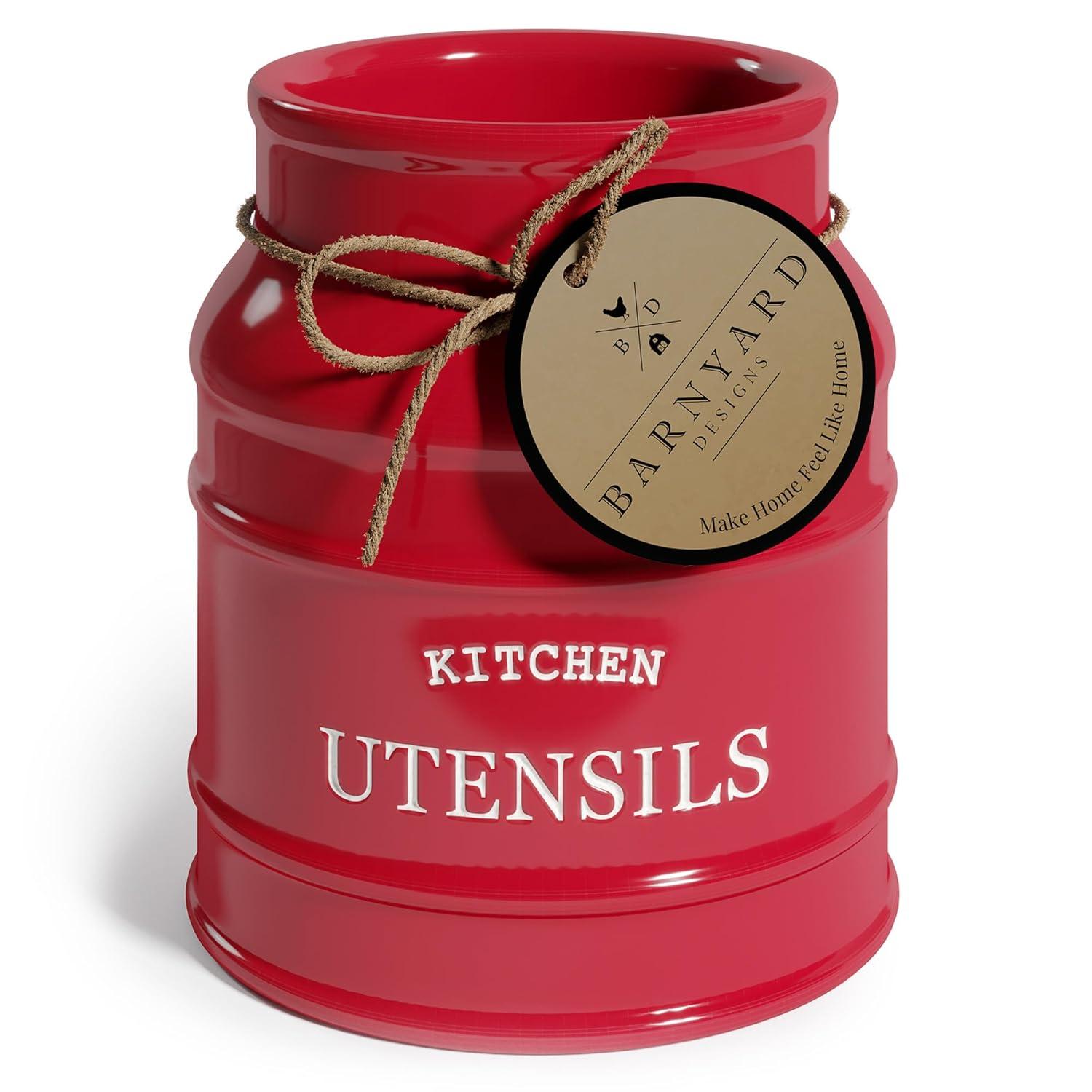 Anadea Ceramic Farmhouse Utensil Holder for Kitchen Counter, Large Rustic Utensil Crock