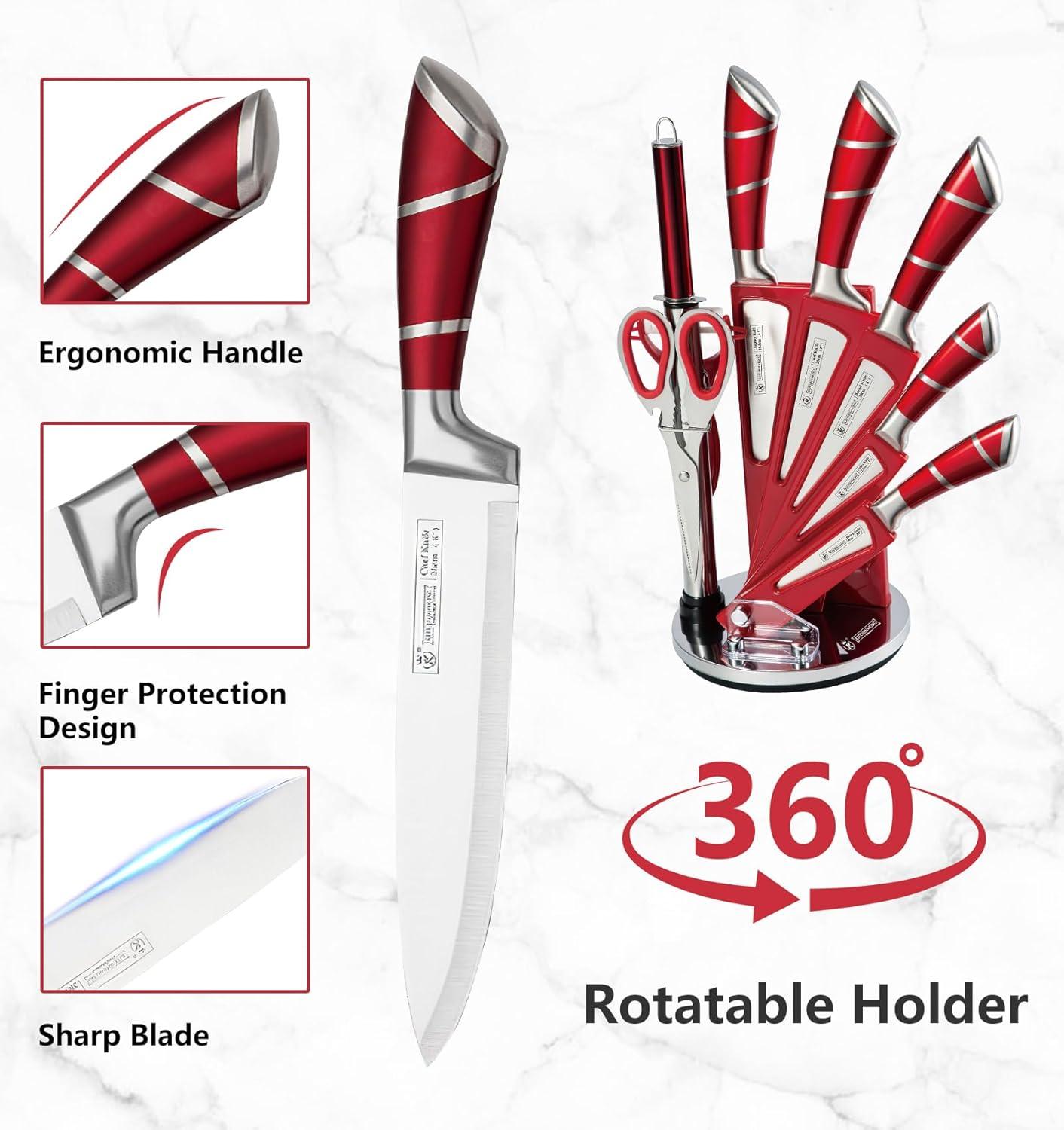 Kitchen Knife Set, 9-Pieces Red Coated Knife Block Set, Stainless Steel Chef knife Set with Sharpener Peeler Scissors, Sharp Non-Stick Knives Set with Rotatable Holder for Cutting Slicing Dicing