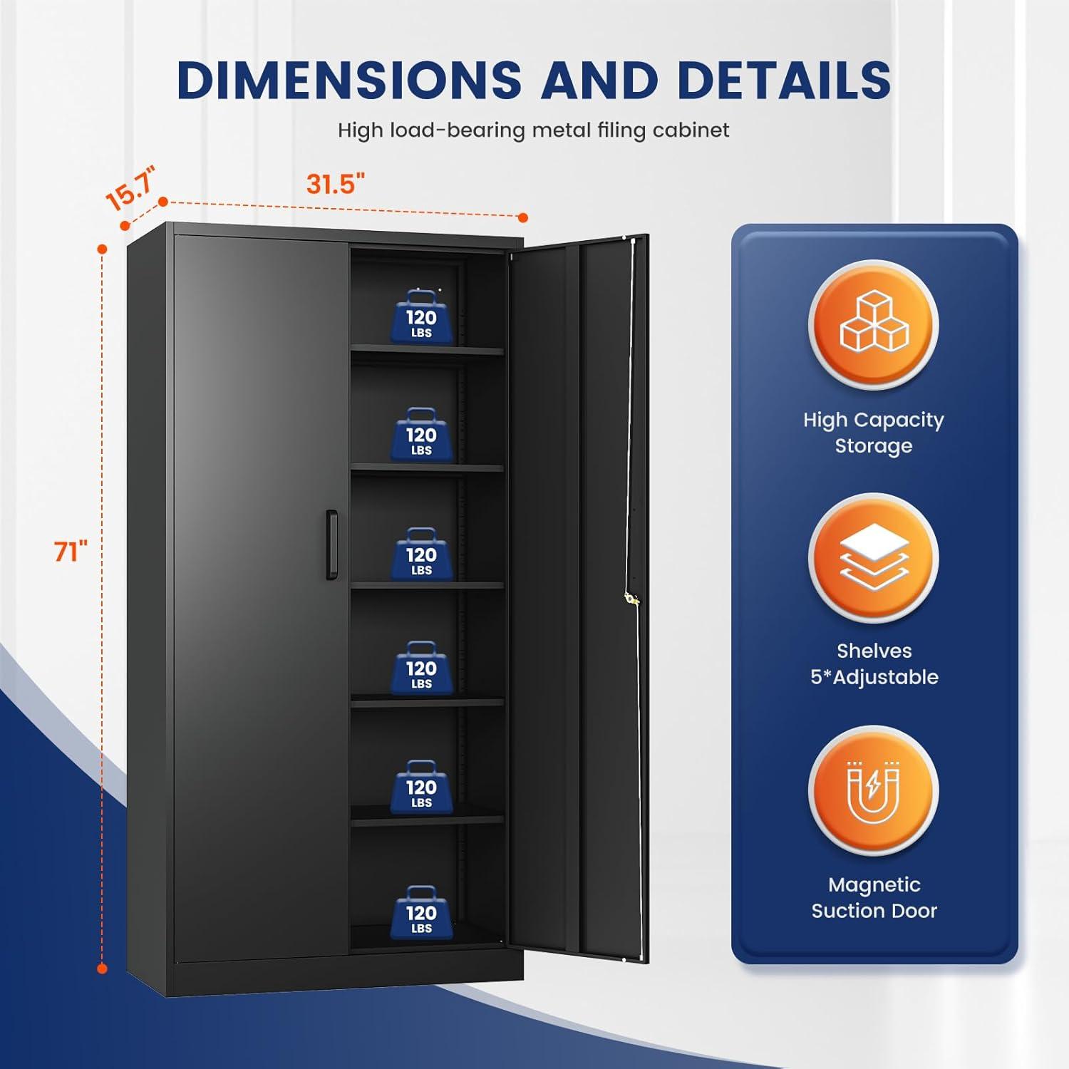 Metal Storage Cabinets with Lock, 71" Garage Storage Cabinet with 2 Door and 5 Adjustable Shelves, Steel Lockable Tool Cabinets for Home, Office, Gym, Garage