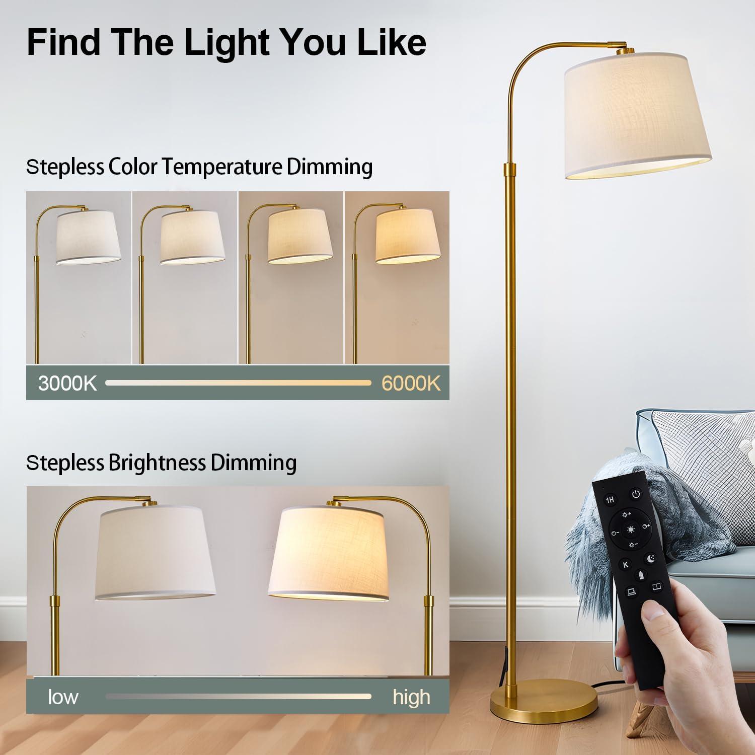 Oneach 62" Arc Floor Lamp for Living Rooms, Gold Tall Standing Lamps with Remote and Stepless Dimmable Bulb, Modern Reading Light for Bedrooms Corner Nursery Kid Office (Bulb Included)