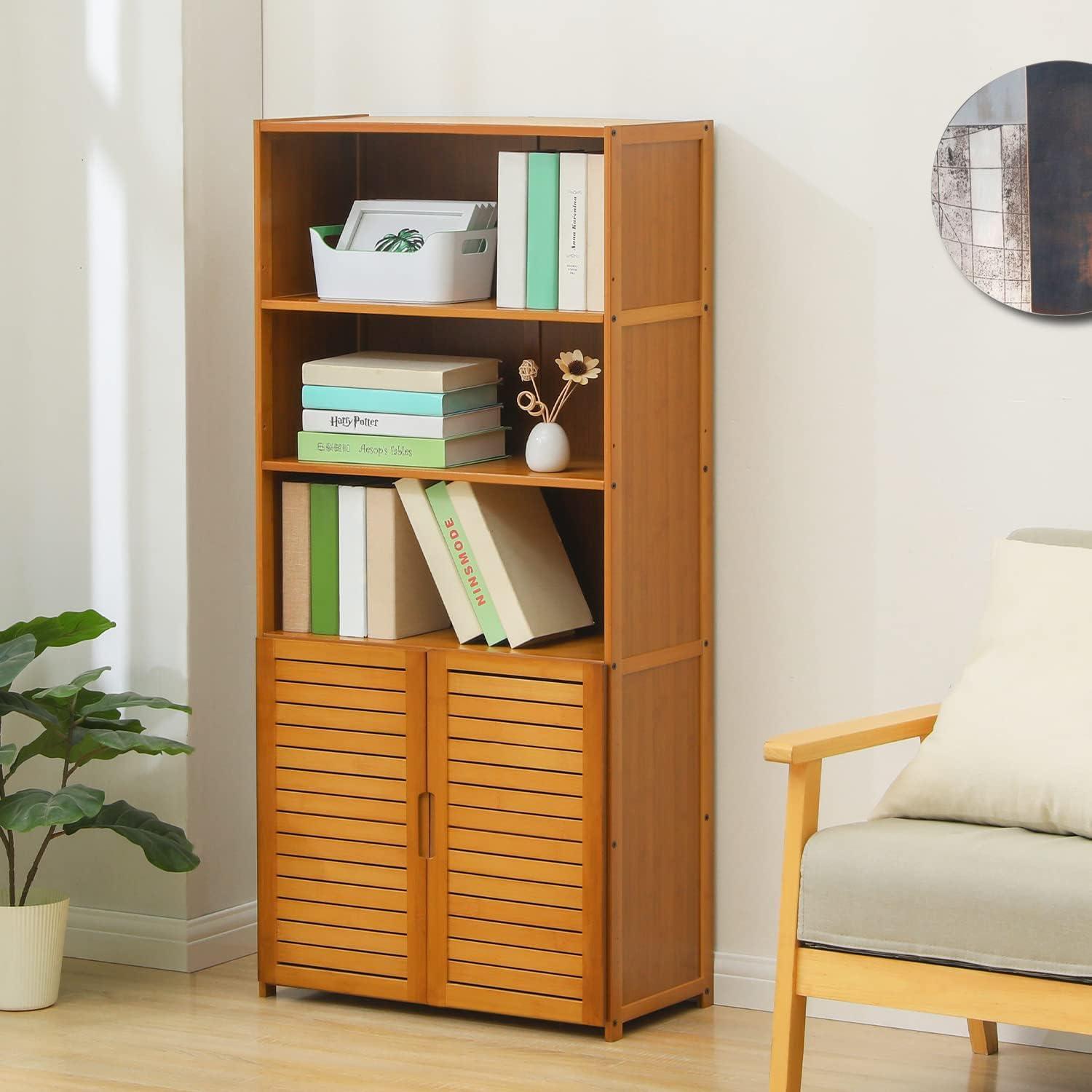 Brown Bamboo 5-Tier Bookcase with Shutter Doors