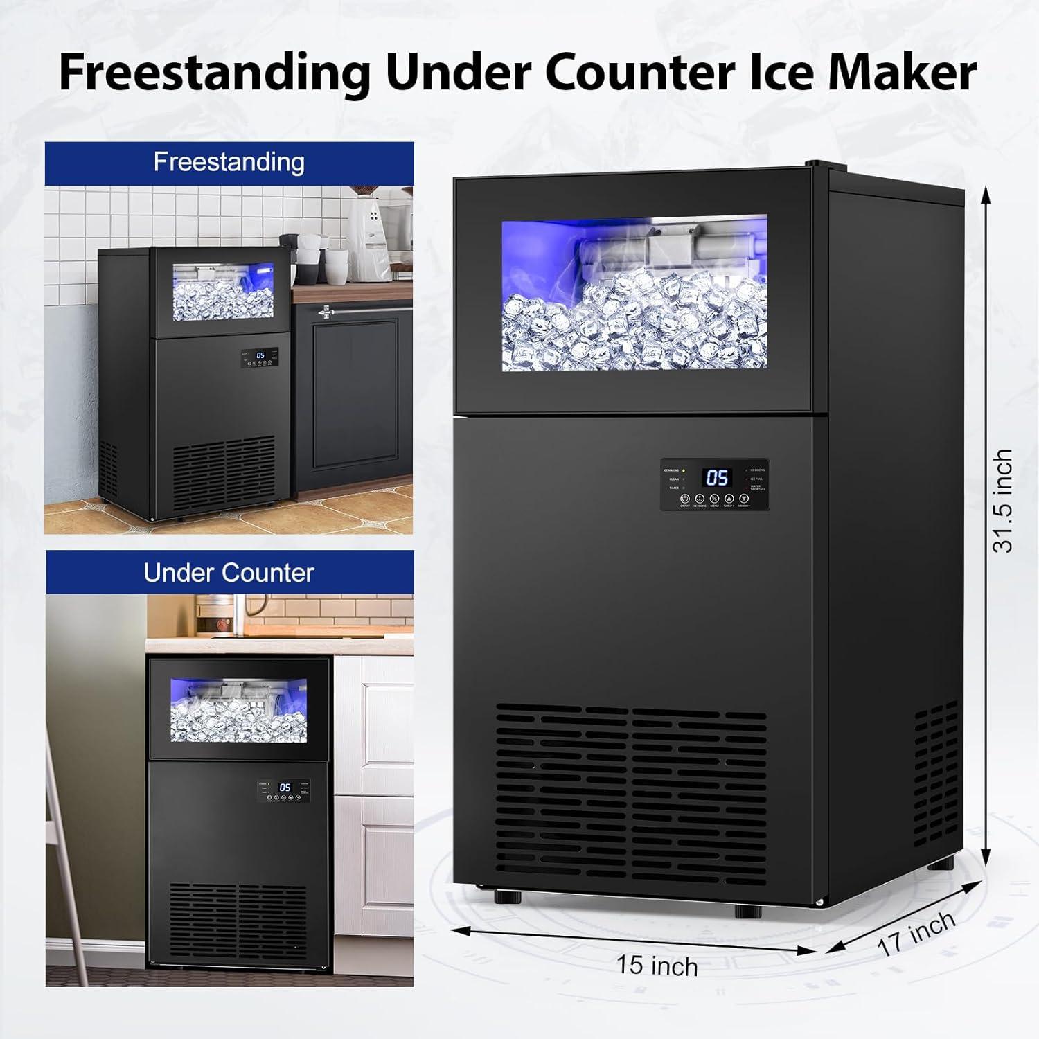 Commercial Built-in or Freestanding Ice Maker 130Lbs/24H with 35Lbs Ice Capacity, 45Pcs Ice Cubes, Stainless Steel