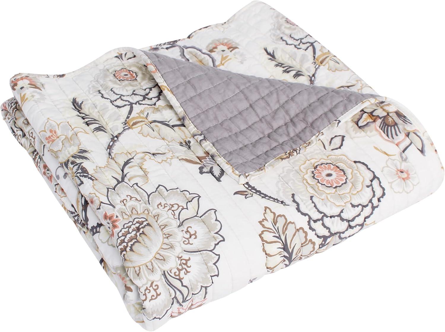 Levtex Home - Ophelia - Throw - Floral - Taupe Grey Cream Blush - Quilt (50x60in.) and Sham 50x60in. - Rayon/Rayon