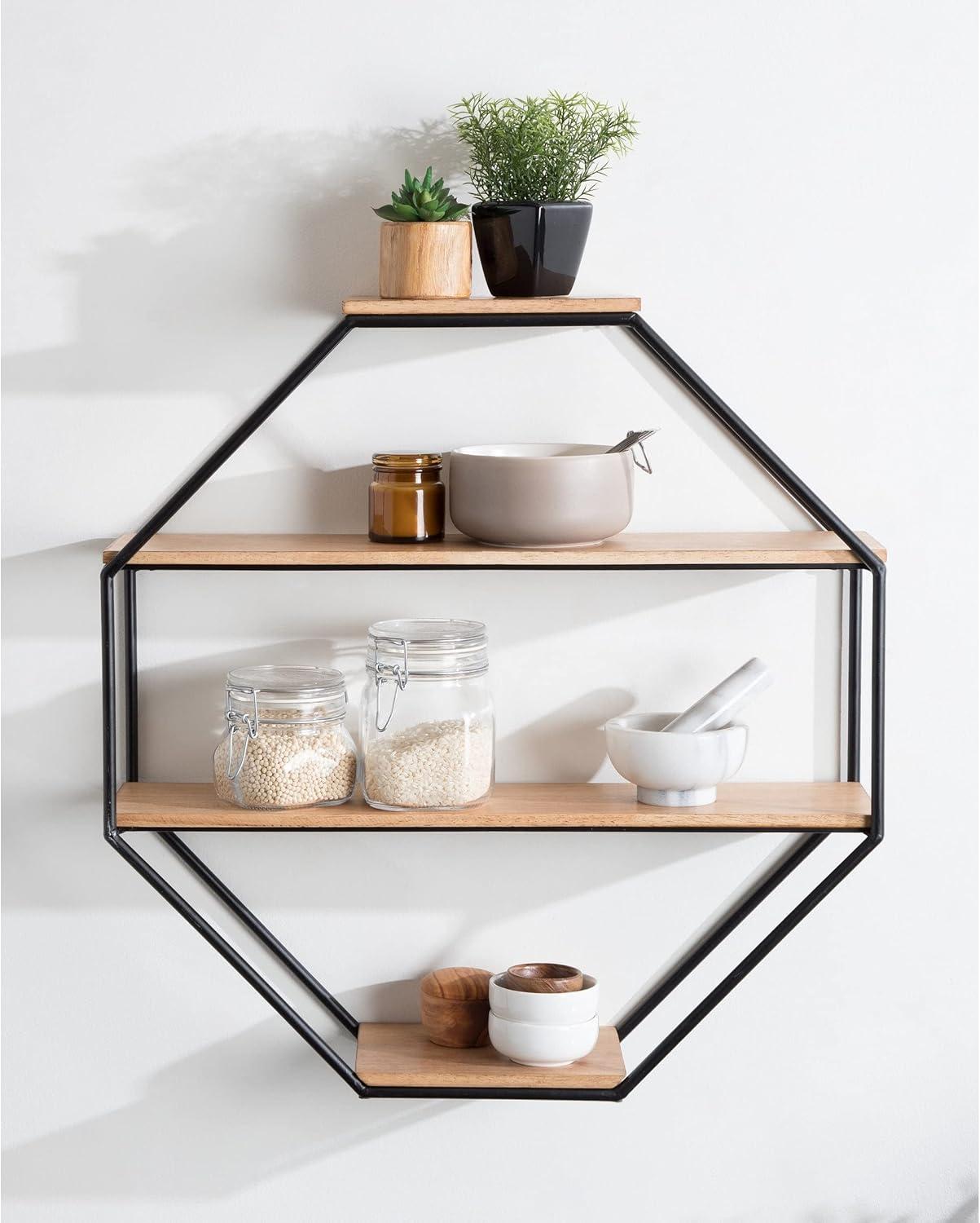 Lintz Rustic Brown Octagon Floating Wall Shelf, 26.25x27.2 in