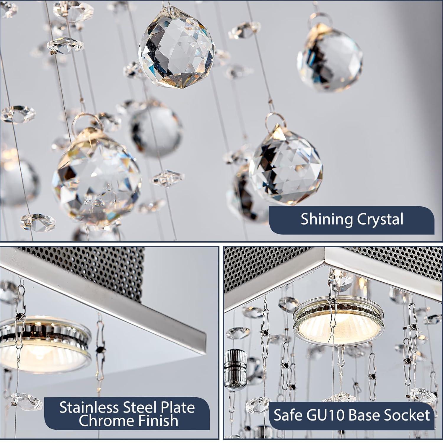 Bestier Chrome Modern Crystal Square Raindrop Chandelier Lighting Flush Mount LED Ceiling Light Fixture Pendant Lamp for Dining Room Bathroom Bedroom Livingroom 4 GU10 Bulbs Required 12" Wide 20" High
