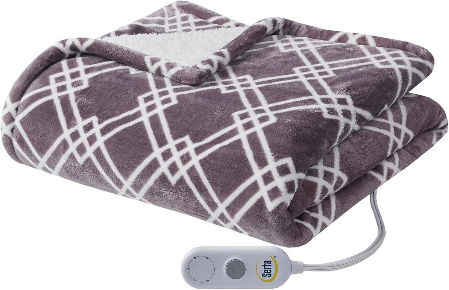 Serta Ultra Soft Plush Electric Throw Heated Blanket Bedding Purple Geo 50"x 60"