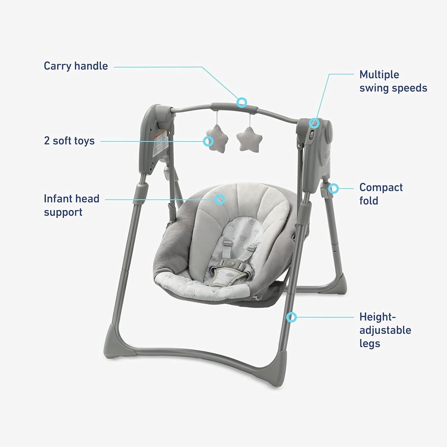 Reign Grey Adjustable Compact Baby Swing with Toy Bar