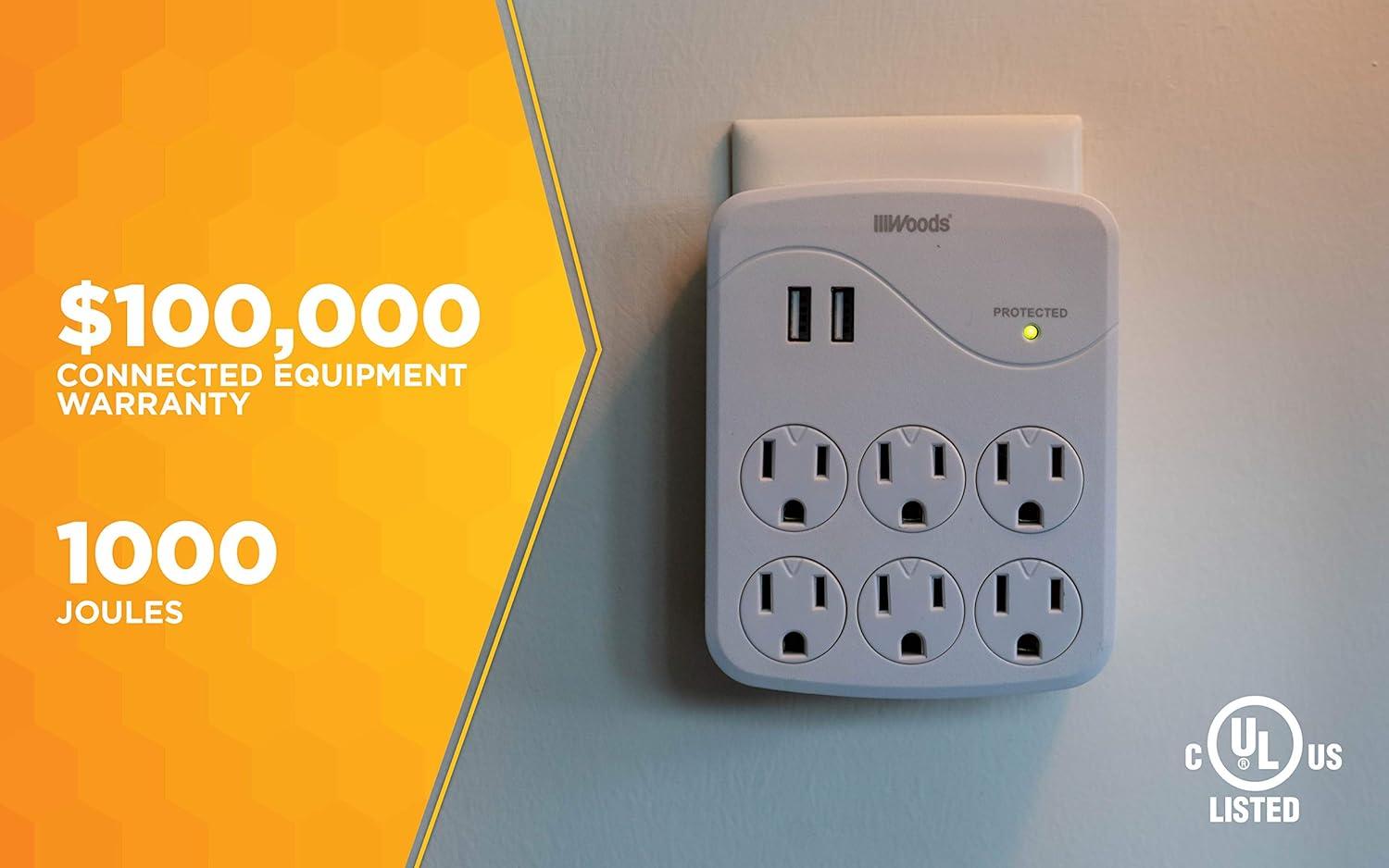 Woods 41076 Surge Protector with 6 Power, 6-Outlet 1440J of Protection