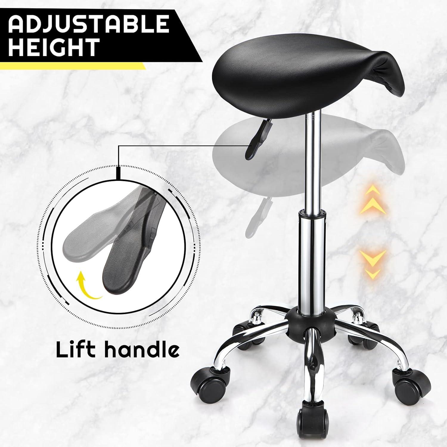 Adjustable Rolling Saddle Stool PU Leather Rolling Stool Salon Chair with Wheels Black