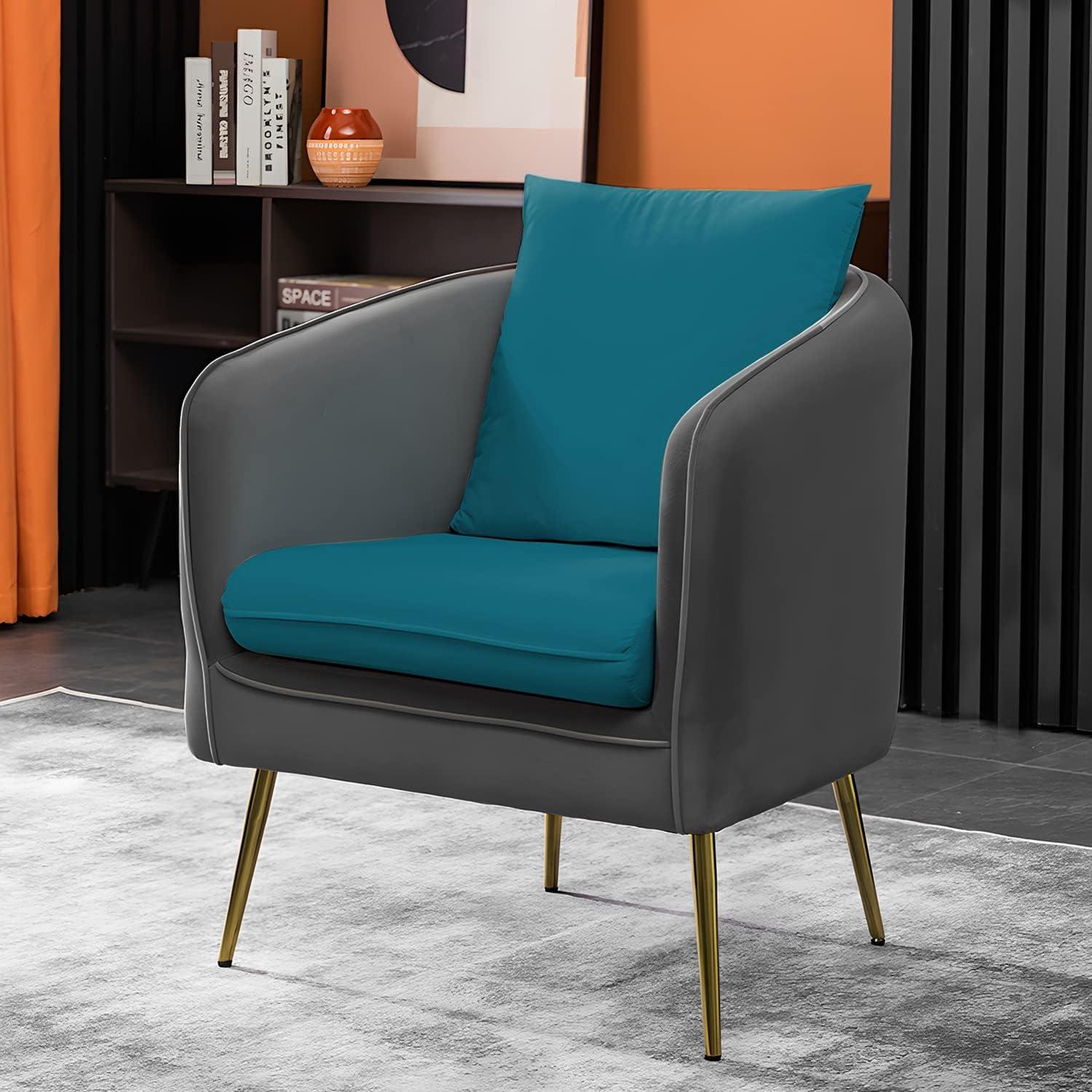 MoNiBloom Accent Barrel Chair, Modern Upholstered Club Armchair, Arm Chair for Living Room Bedroom with Cushion Pillow, Peacock Blue/Grey