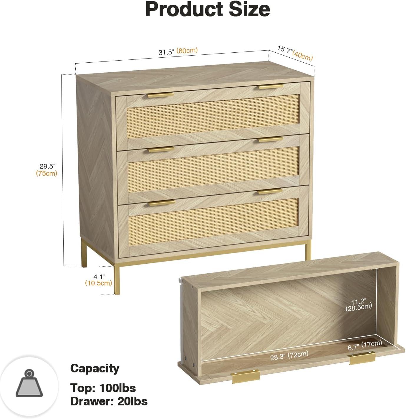 Anmytek 3 Drawer Cabinet for Bedroom, Oak Rattan Cabinet Closet Cabinet Chest of Drawers, Wood Cabinet 3 Drawer Storage Chest for Bedroom, Hallway, Nursery