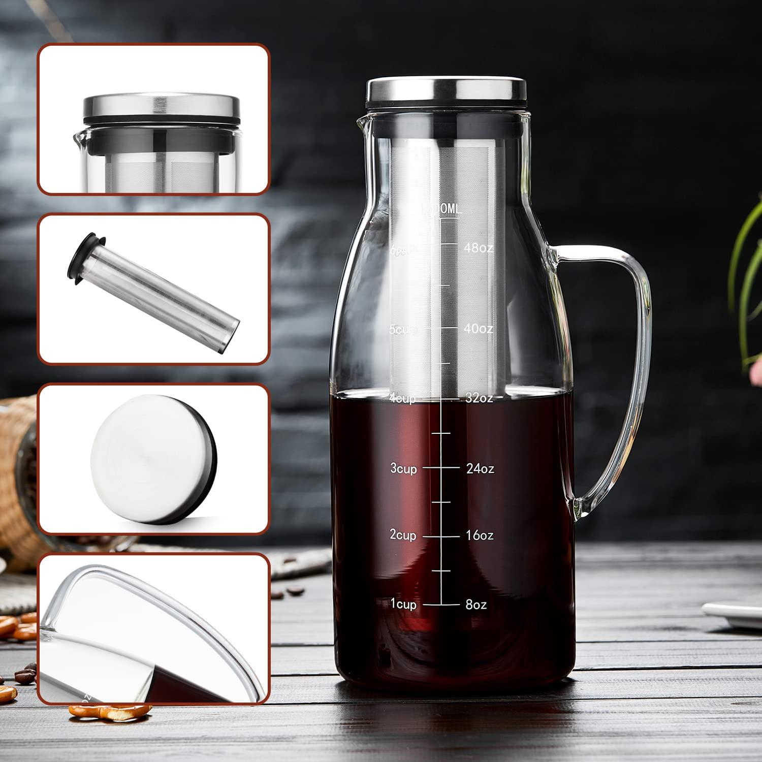 Cold Brew Coffee Maker 1.5L/51oz – Borosilicate Glass Pitcher with Stainless Steel Filter & Lid, Airtight BPA-Free Cold Brew Carafe for Iced Coffee or Tea, Dishwasher Safe & Fridge Friendly