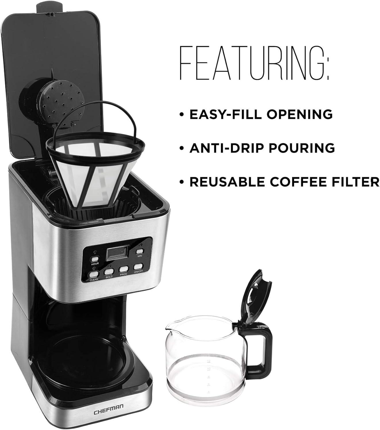 Chefman 12-Cup Programmable Coffee Maker w/ Digital Display, Auto Shut Off - Stainless Steel, New