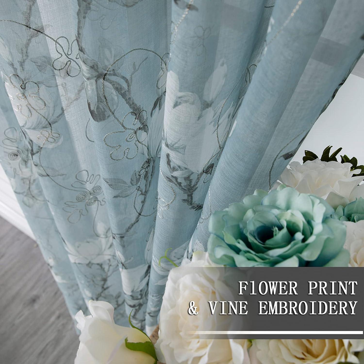 Tollpiz Floral Turquoise Sheer Curtain Flower Print Vine Embroidery Bedroom Curtains Rod Pocket Voile Window Curtain for Living Room, 54 x 95 inches Long, Set of 2 Panels
