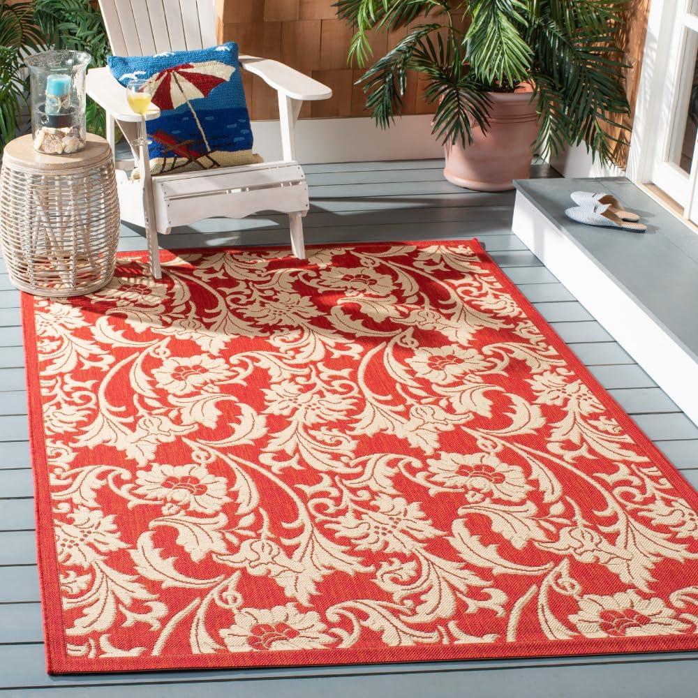 SAFAVIEH Courtyard Aubrey Floral Geometric Indoor/Outdoor Area Rug Red/Cream, 4' x 5'7"