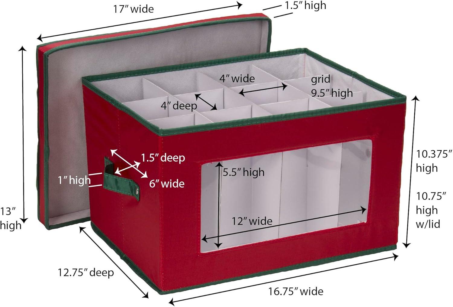 Household Essentials Holiday Stemware Storage Box, Windowed Storage with Lid, 12 Storage Compartments, Red with Green Trim