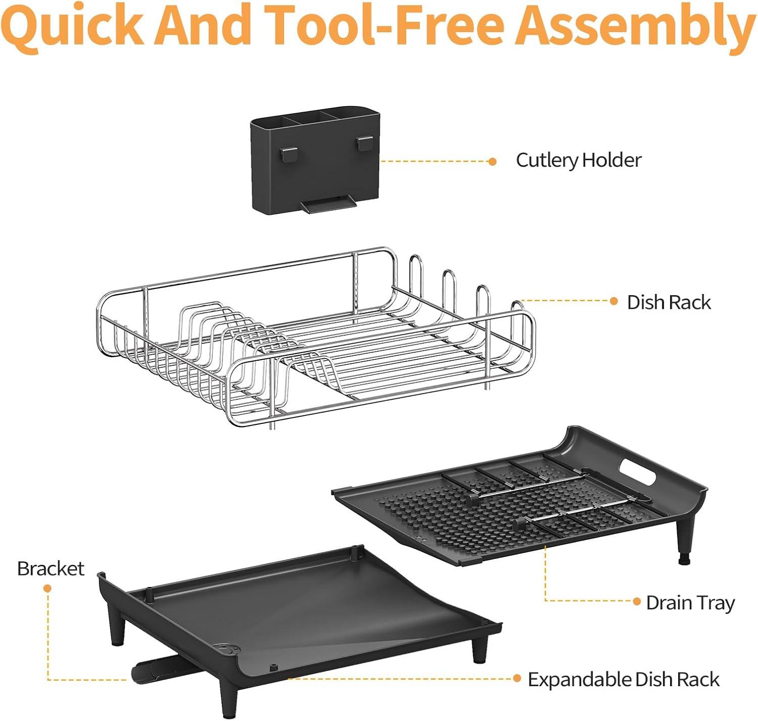 Expandable Dish Drying Rack for Kitchen Counter, 304 Stainless Steel Dish Rack, Multi-Function Dish Drainer, Large Dish Strainer with Cup Holder, Cutlery Holder, Extendable Large Size