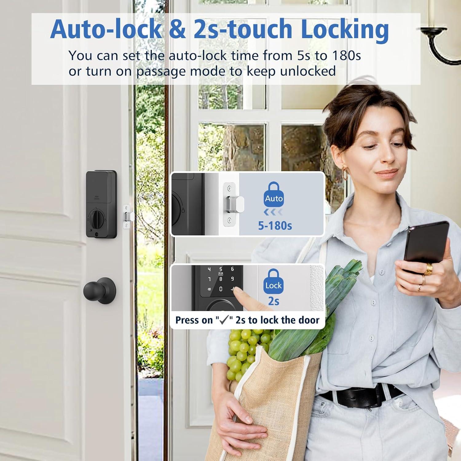 Smart Lock, Fingerprint Door Lock, Electronic Door Lock, Touchscreen Keypad Deadbolt, Black