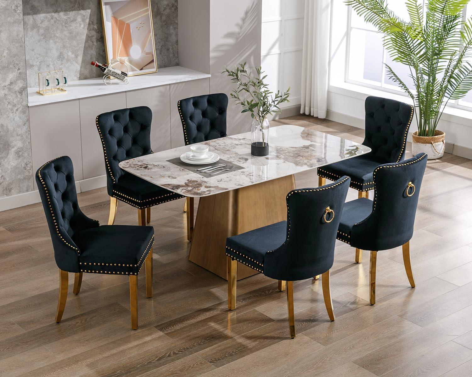 Black Velvet Upholstered Dining Chairs with Gold Legs, Set of 6