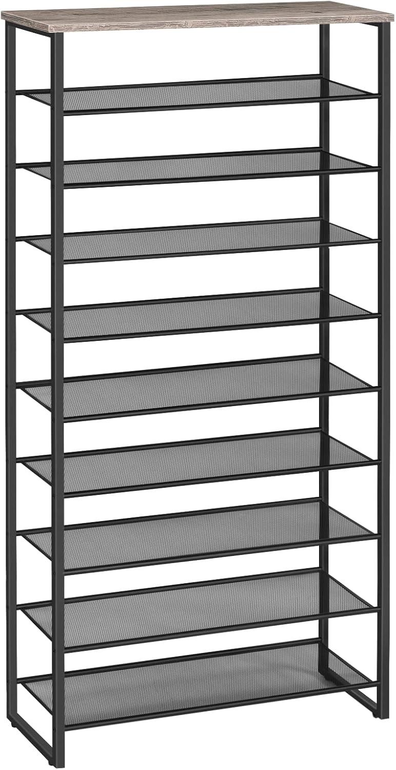 Greige and Black 10-Tier Industrial Shoe Rack with Metal Shelves