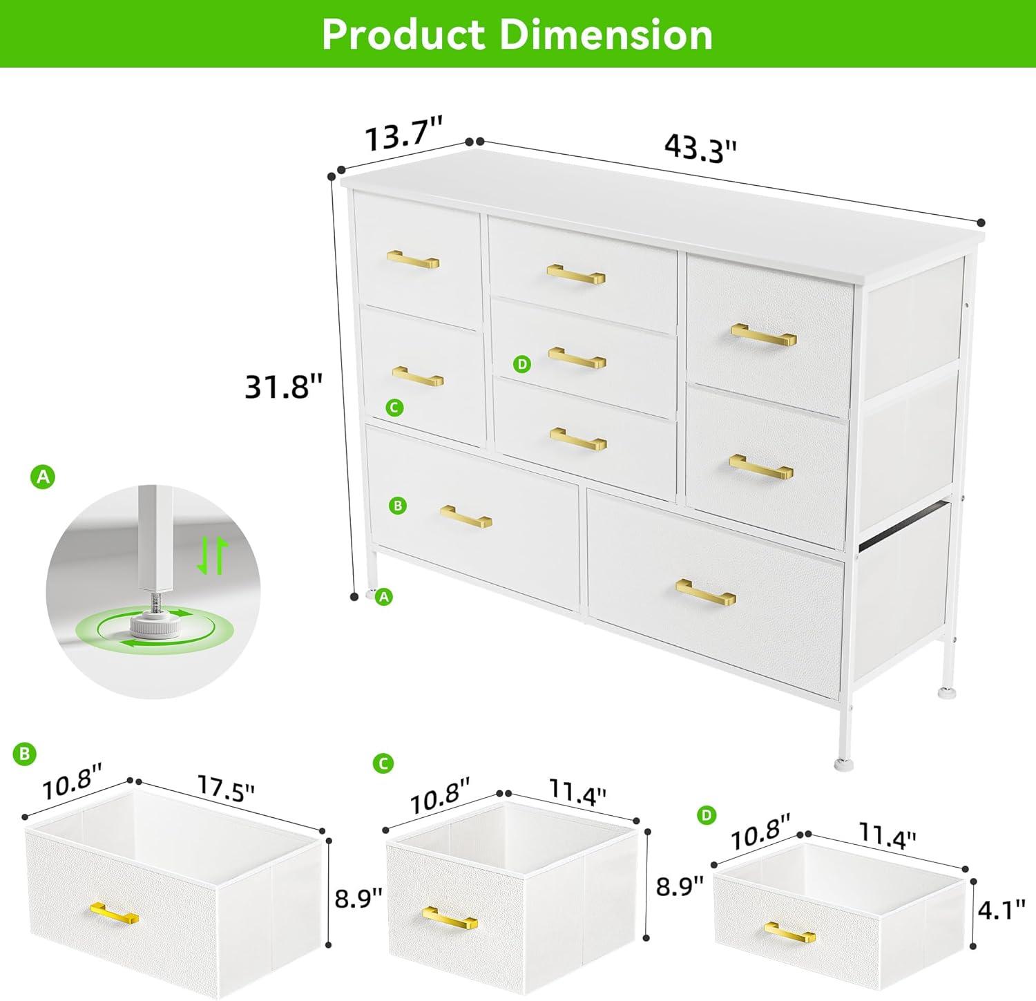 White Fabric Chest of Drawers with Leather Finish, Wide Dresser for Bedroom & Living Room TV Stand, Entertainment Center, Featuring 9 Drawers for 50” TV