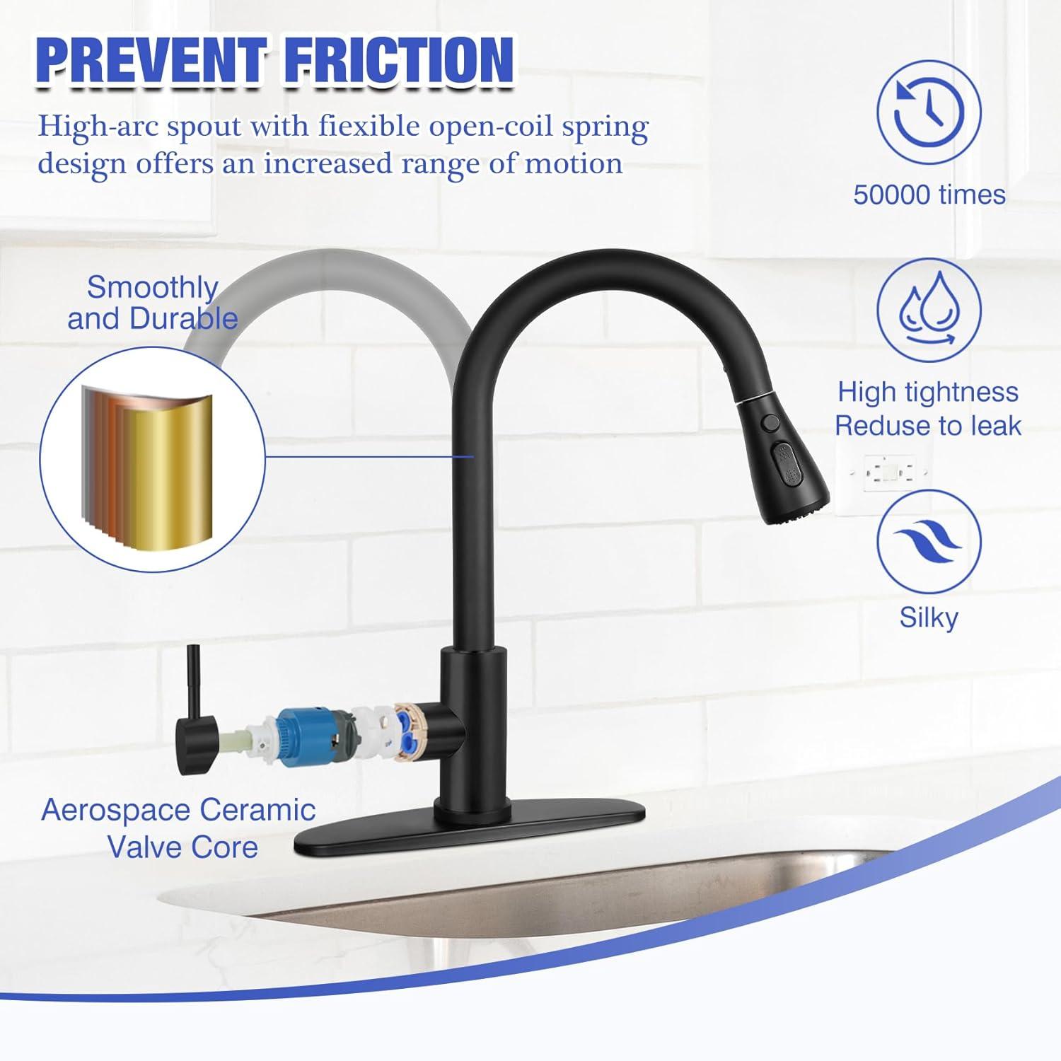 Black Kitchen Sink Faucet, Kitchen Faucet with Pull Down Sprayer, Stainless Steel Single Handle Faucet for Kitchen Sink with Deck Plate, Fitted for RV, Bar, Laundry, Apartments, Farmhouse