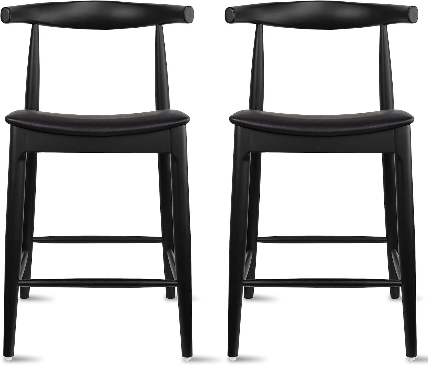 Set of 2 Black Wood Counter Stools with Faux Leather Seats