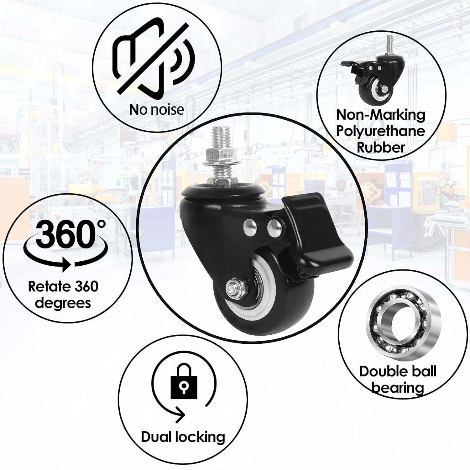 2'' Caster Wheels, Swivel Stem Casters 5/16'' - 18x1'' (Screw Diameter 5/16'', Screw Height 1'') 330Lbs Heavy Duty Threaded Casters No Noise PU Dual Locking Castors with Brake