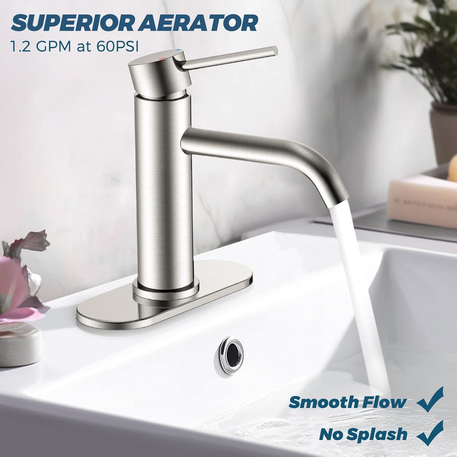 Single Handle Mid-Arc Bathroom Faucet with Deckplate and Pop-Up Drain in Brushed Nickel