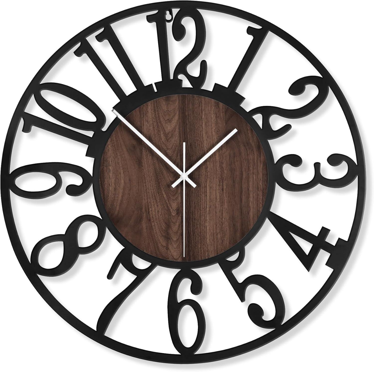 Oversized Black and Wood Silent Vintage Modern Wall Clock