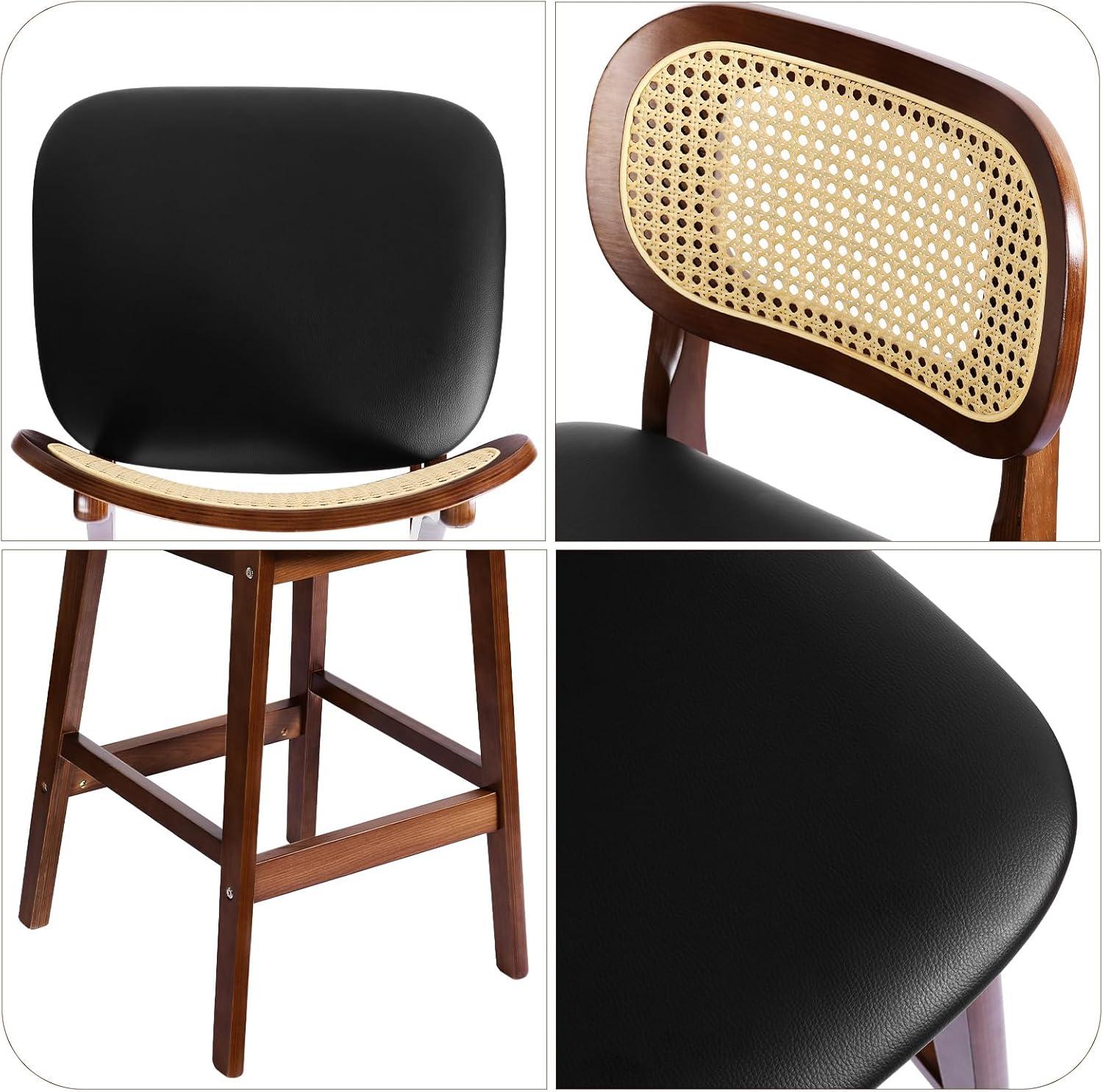 Lucky Monet Wood Upholstered Counter Height Bar Stools with Rattan Back - 36.81"H x 17.72"W x 18.7"D Set of 2 - White Faux Leather/ Brown Frame